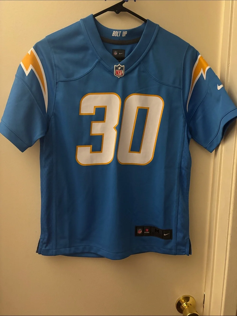 Nike Chargers #30 Sky Blue and White Football Jersey with Gold Trim